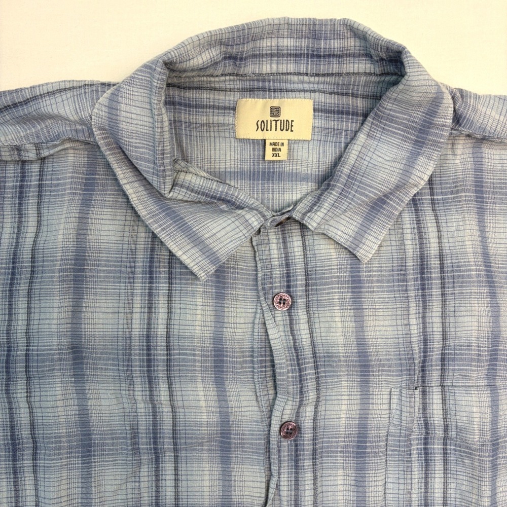 Solitude‎ Mens XXL Blue Plaid Linen Cotton Blend Short Sleeve Button Down Shirt